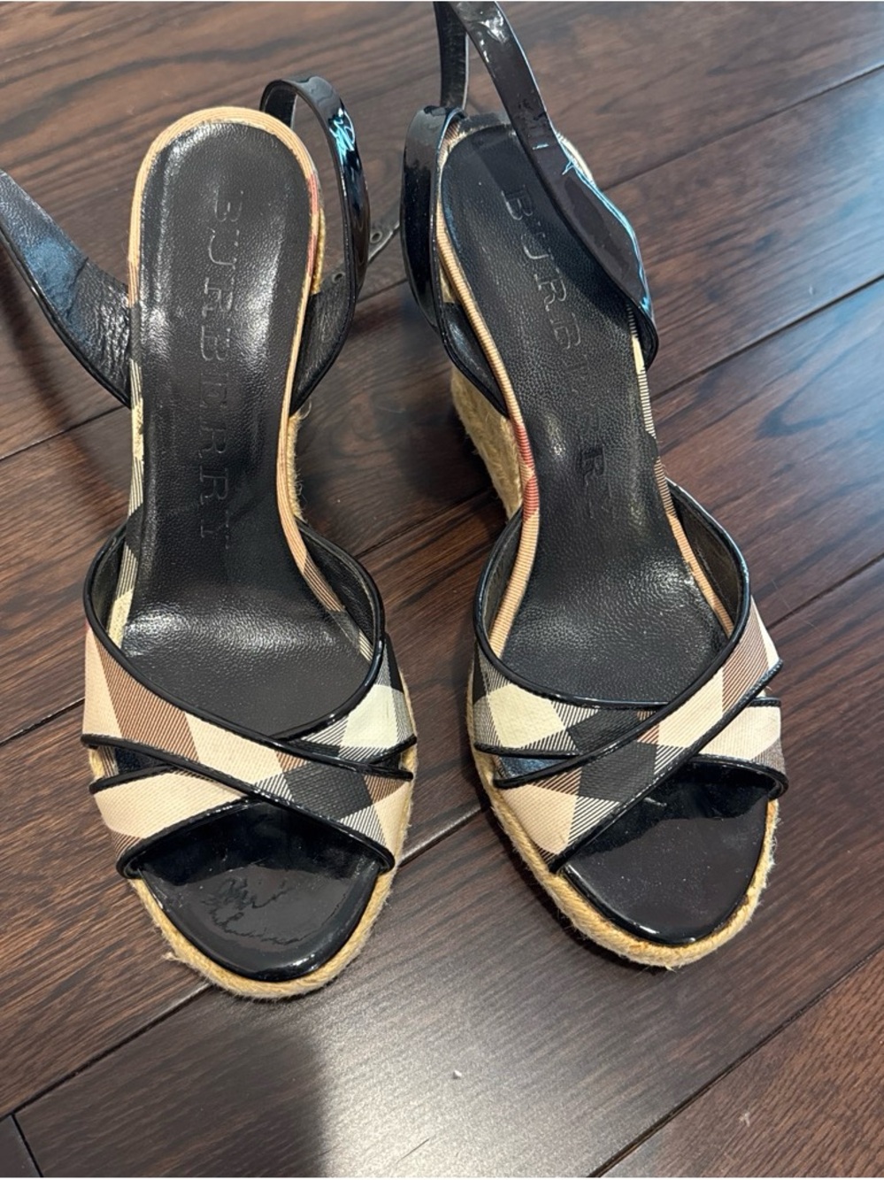 Burberry Black and Beige Check Espadrille Wedge Sandals with Patent Trim